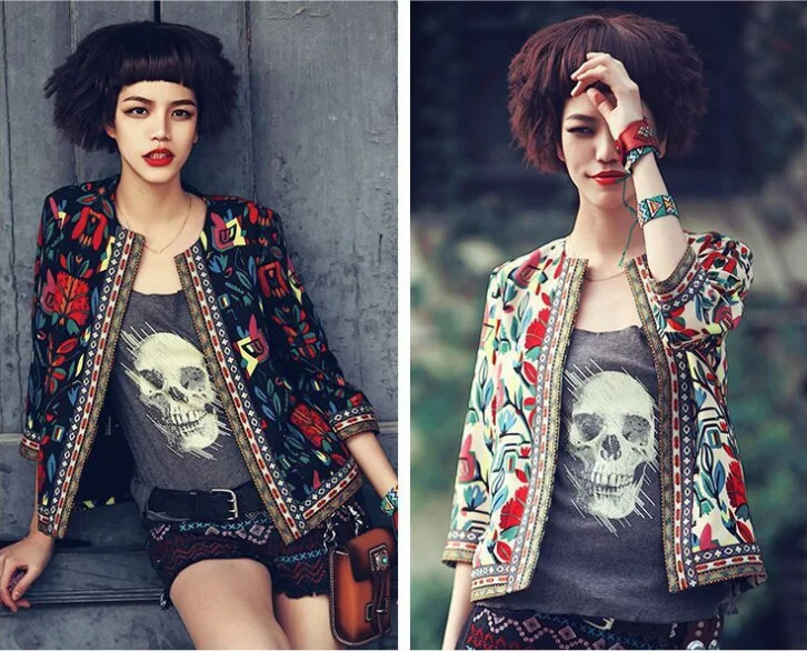

European New Coming Women Three Quarter Sleeve Jacket Thin Full Printed Ethnic Jacket, Black, beige