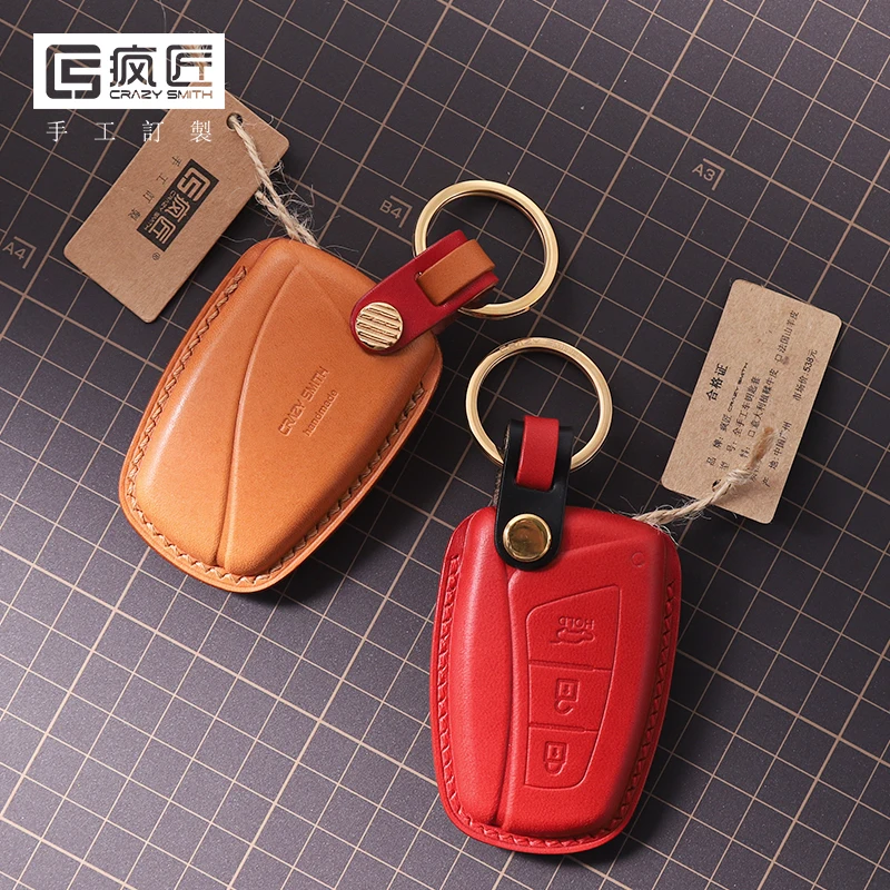 

2021 NEW High Grade LeatherCraft Hand Sewing Genuine Leather Smart Car Key Case Cover for Hyundai New Santa Fe/IX45, 17 color available