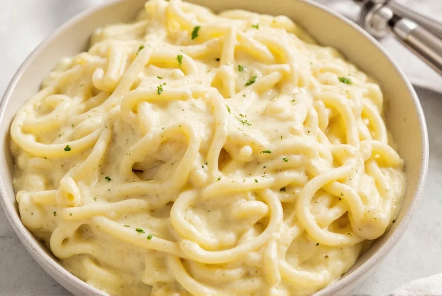 Thermometer measuring the temperature of alfredo sauce