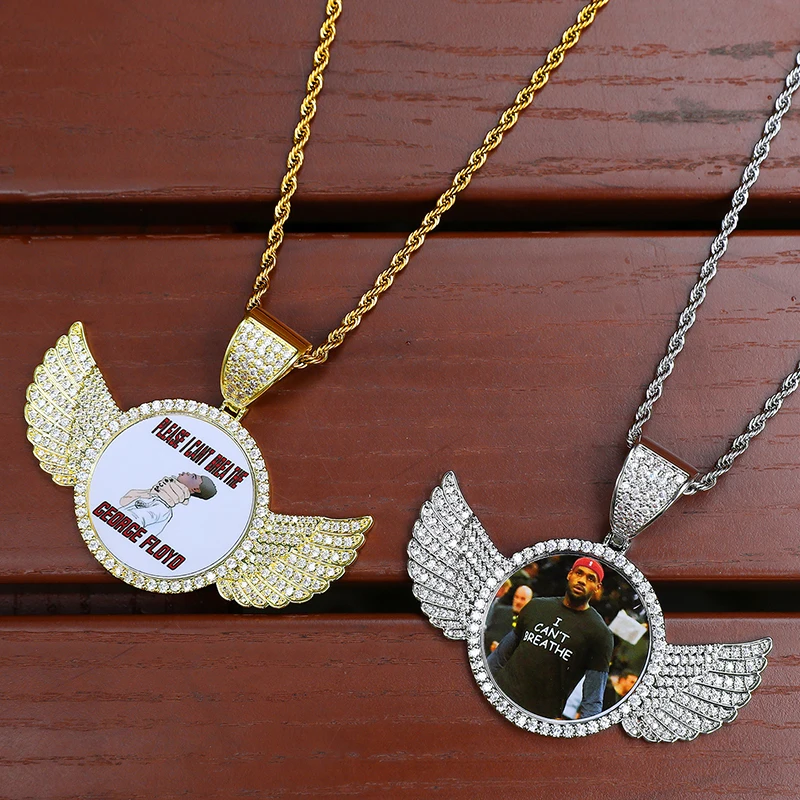 

Custom Sublimate Photo Memory Medallions Solid Angel Wings Pendant Necklace Hip Hop Jewelry Cubic Zirconia Chains Wings Necklace, Gold color