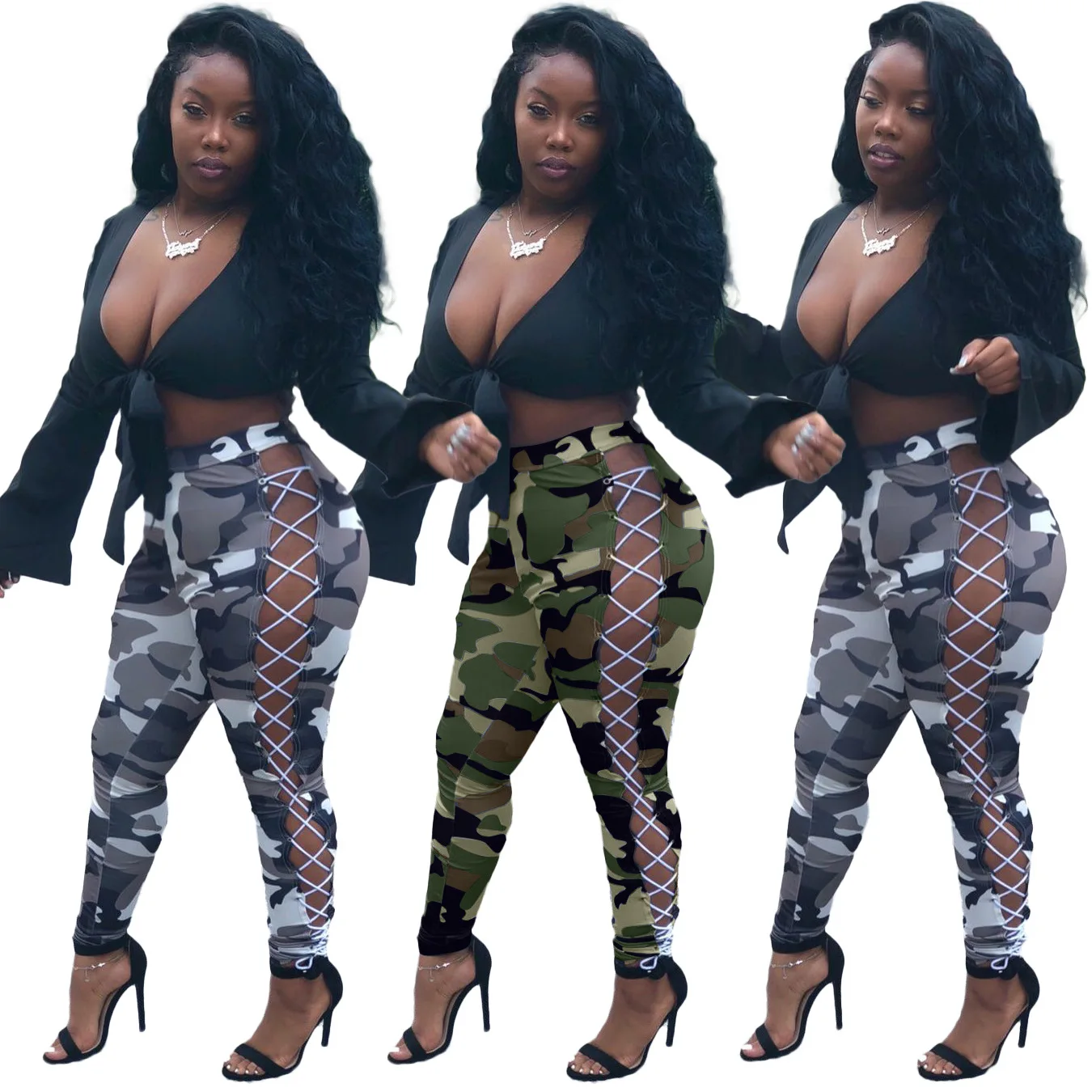 

New Arrival 2021 Custom Casual Loose Sexy Ladies Camouflage Print Lace Up Joggers Bandages Pants Women's Trousers