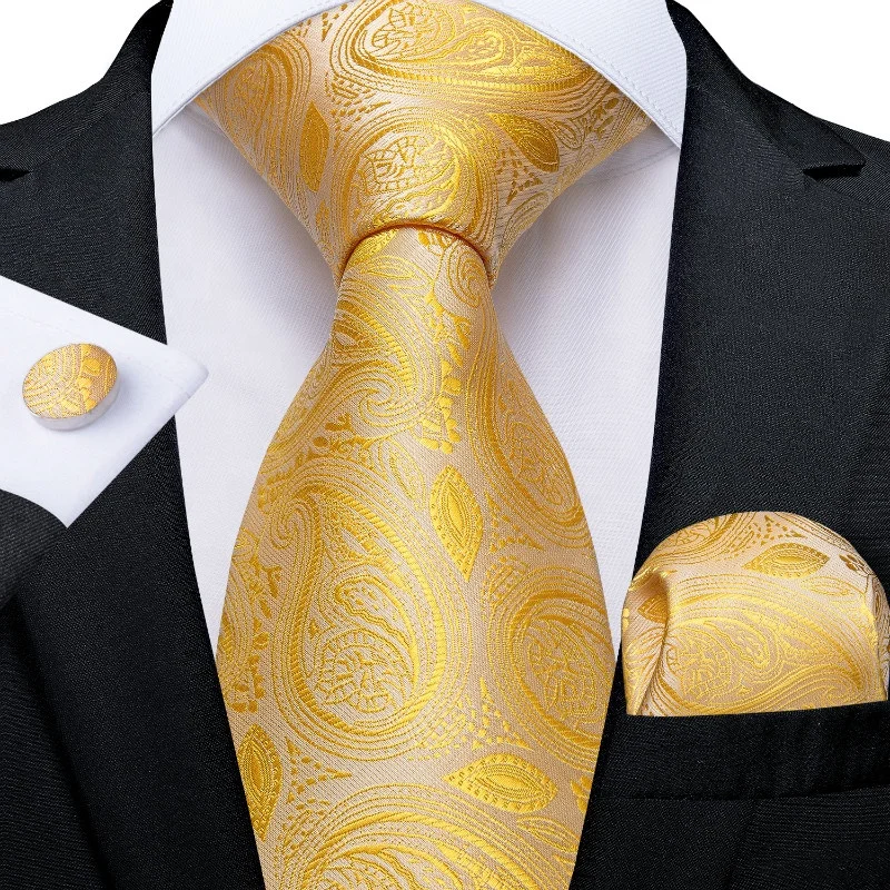 
Custom Italian Silk Men Yellow Paisley Ties and Pocket Square 