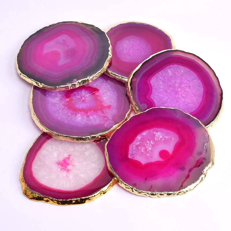 
Gold Plated Polished Large Small Blue Red Purple Black Green Wholesale Natural Coaster Stone Agate Slices 
