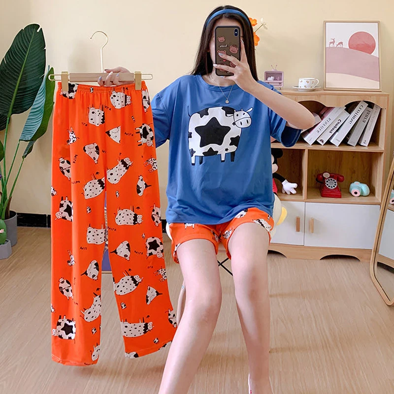 

2021 Cartoon Animal Print Sleepwear Short Sleeve Tee with Shorts trousers cute pajama sets for women