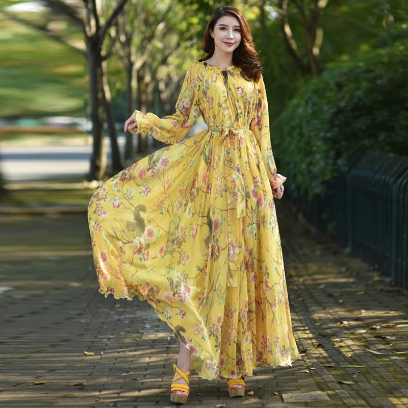 

High Quality 2020 Animal Owl Print New Fashion Women Maxi dress long Sleeve Summer Beach Boho Chiffon Plus Size Sundress