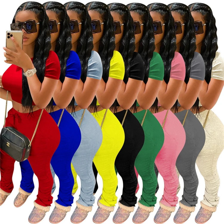 

Two Piece Pants Set Stacked Leggings Solid Sport Clothing
