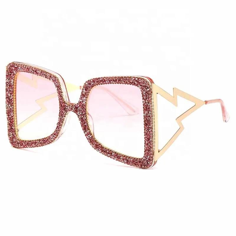 

New fashionable luxury diamond big square frames ladies shades glasses bling rhinestone lightning temple women sunglasses 2021