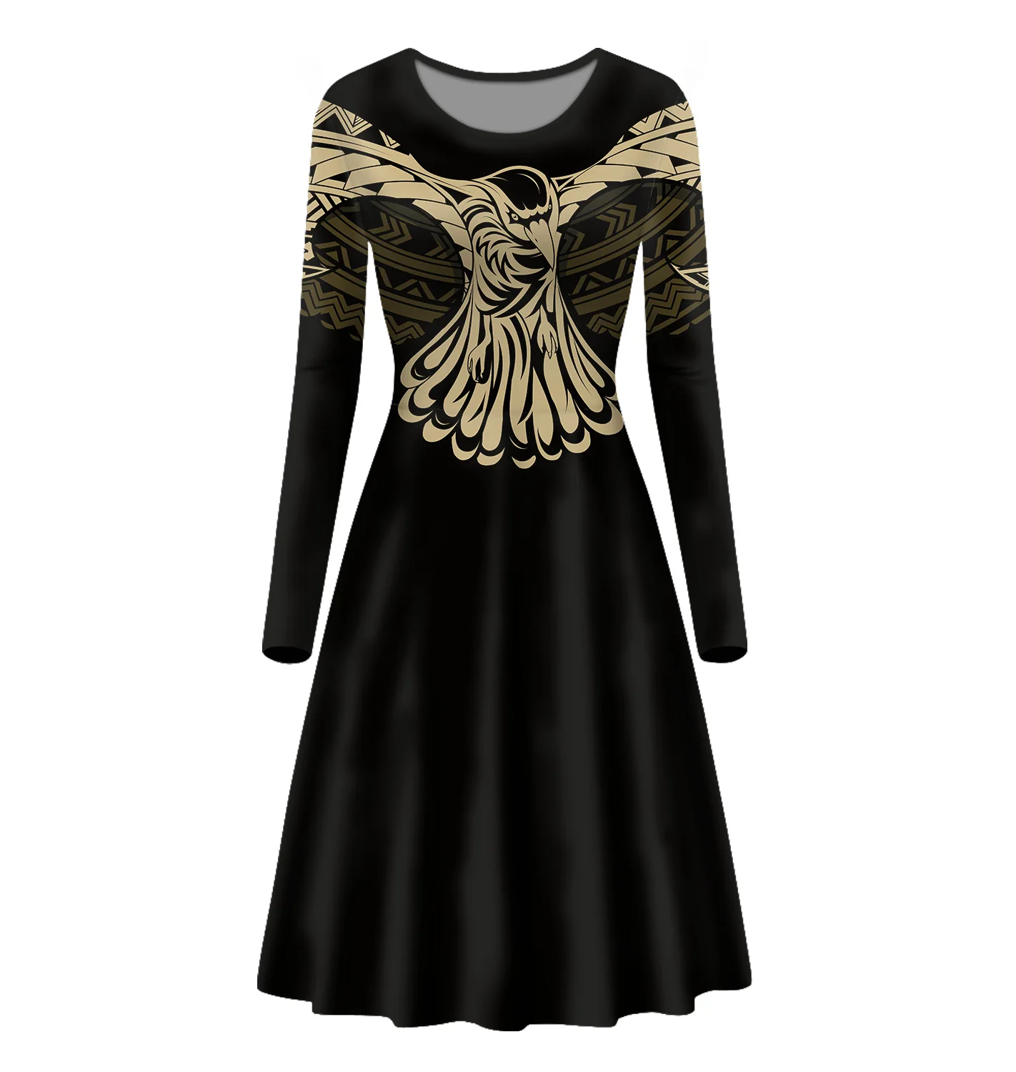 

Black Polynesian Tattoo Women Dresses With Golden Eagle Print Custom Long Sleeve Dress Casual Plus Size A-line Midi Dresses, Customized color