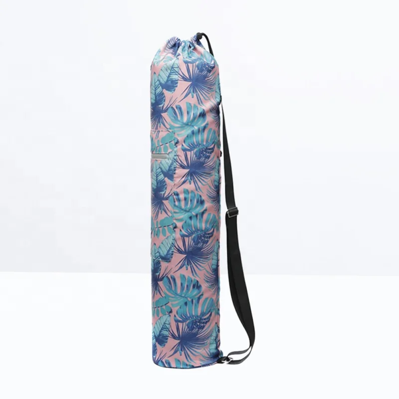 

TY Leaves Printed Canvas Yoga Mat Bag with Zipper Pocket Fashion Single Shoulder Bag Drawstring Sports Bag, Picture