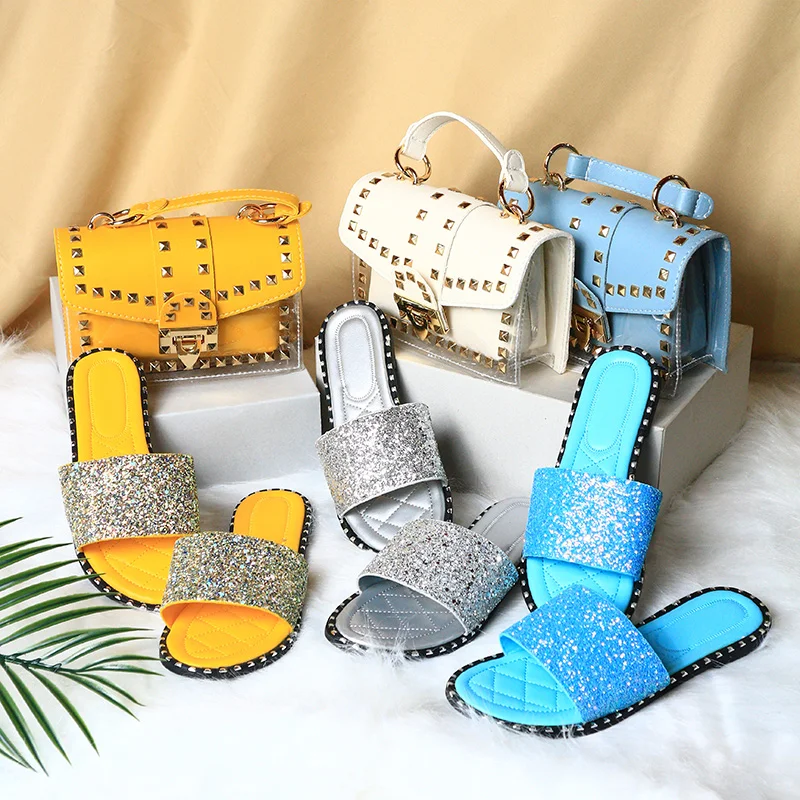 

Wholesale price fashion ladies clear hand bags shoe and bag sets luxury jelly purse set women rivet purse and sandals set, Black,yellow,white,blue