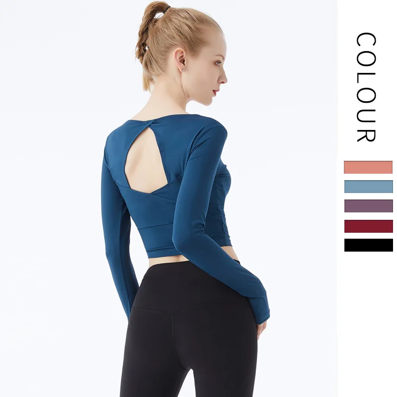 

2021 European Women's Sports Ins Style Top Quick Drying Clothes Gym Long Sleeve T-Shirt with Chest Pad, Light blue, light purple, army green, black gray, navy blue