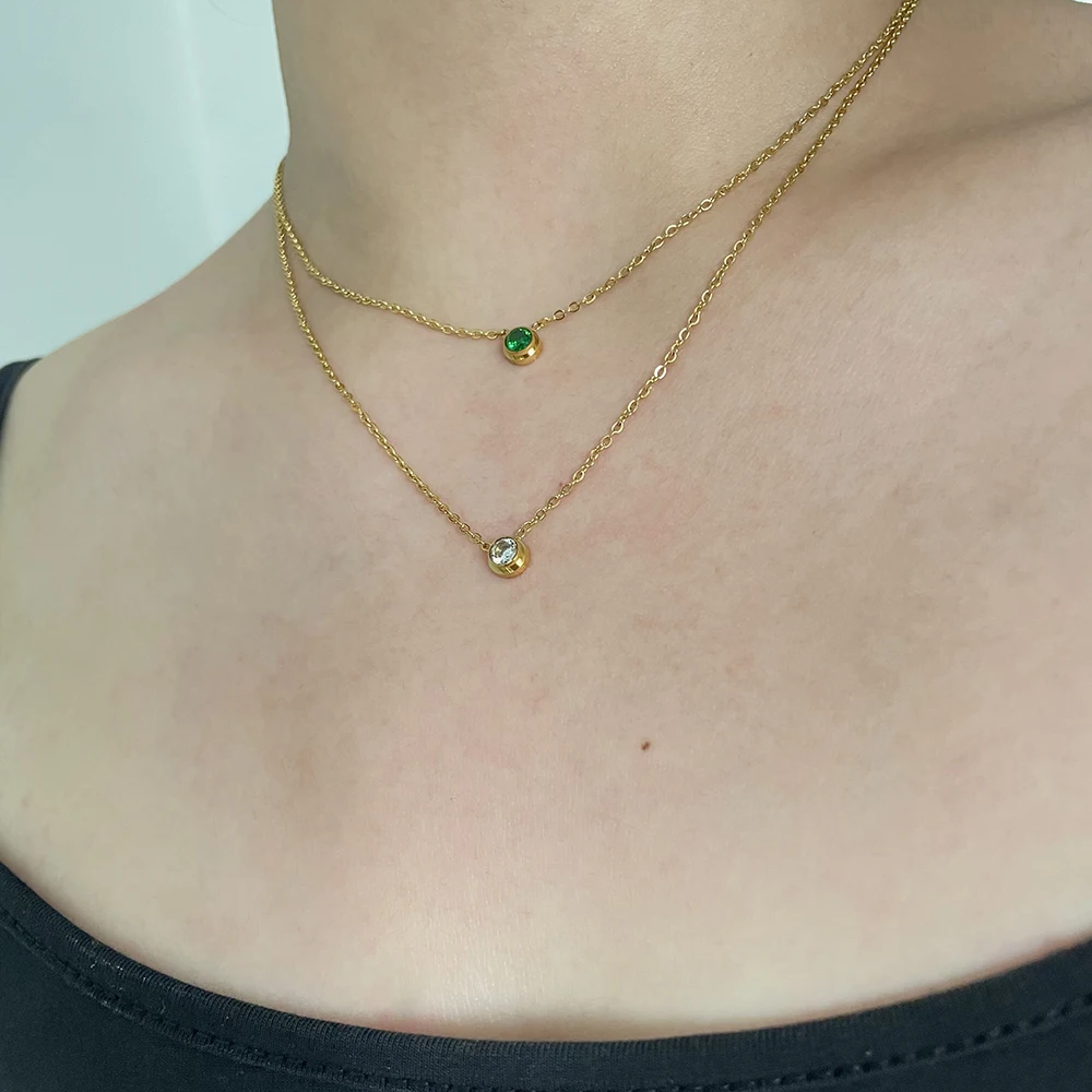 

Clear Green Round Cubic Zirconia Stainless Steel Necklace Small Charm Choker Necklaces for Women Plain French Minimalist Jewelry, Gold