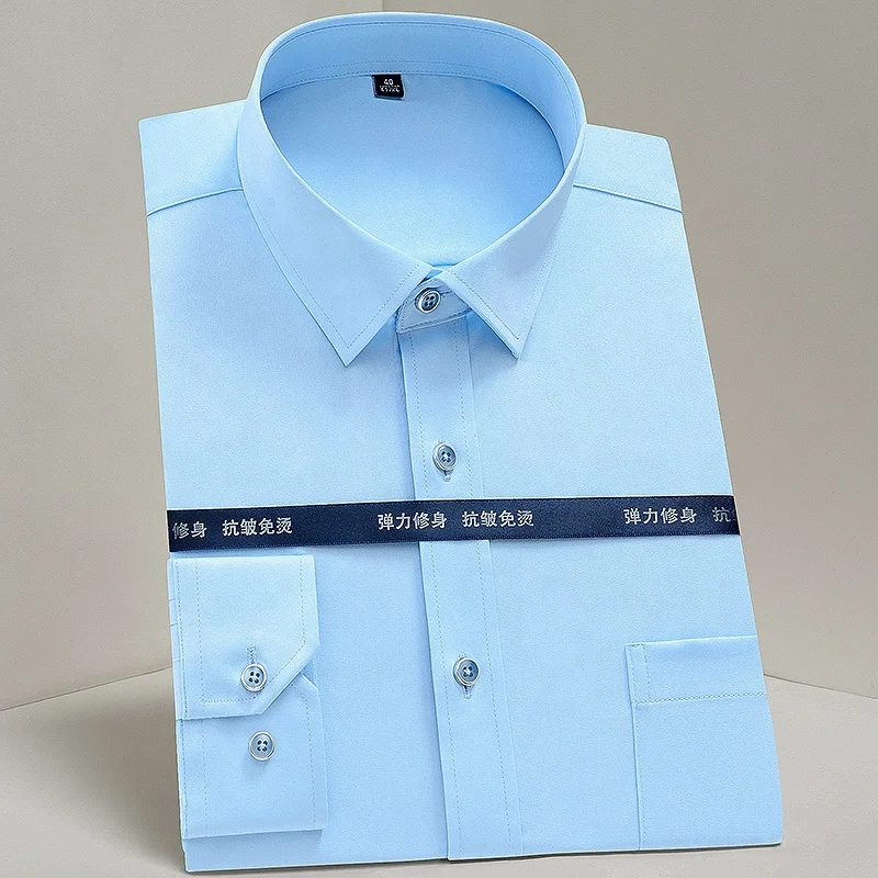 Men's Classic Non Iron Stretch Solid Easy Care Shirt With Pocket Long Sleeve Formal Business Standard-fit Basic Dress Shirts