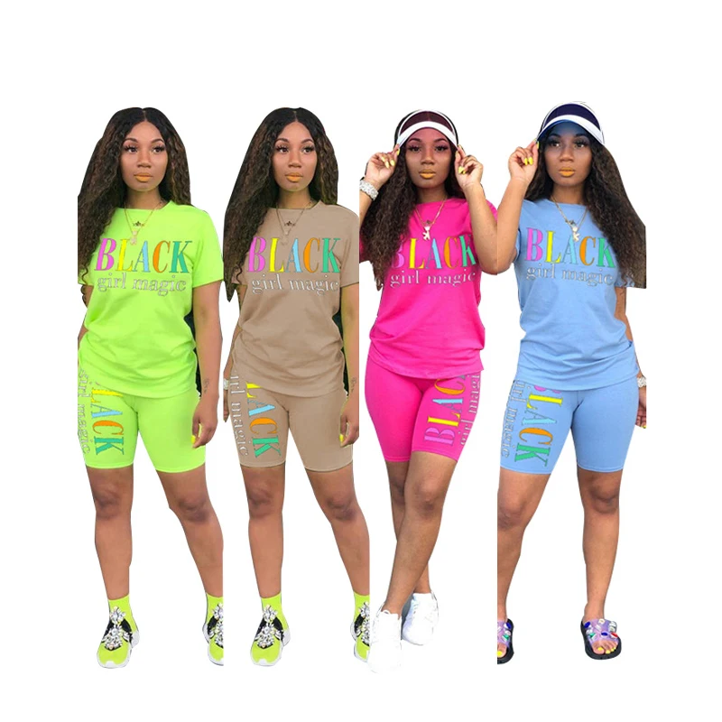 

2020 Newest Casual Fashion Multicolor Letters Neon Women Two Piece Short Set