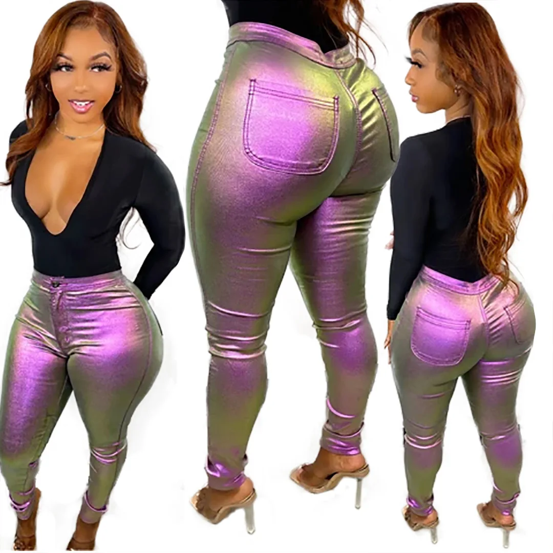 

Wholesale Fashion Elegance Gradient Sequined Button Up Streetwear Skinny Mid Waist Trousers Women Pencil Pants