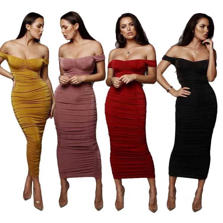 

Summer Pleated Sexy Ladies Clothing Word Collar Strapless Girls Dresses Skirt, Red, khaki, green, black, pink,yellow, white, blue, gray, skin, coffee