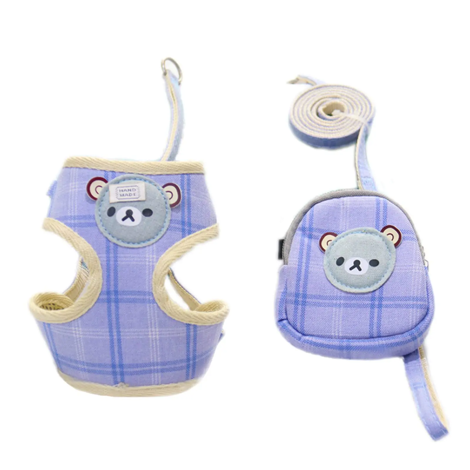 

Snack Bag No Pull Adjustable Soft Breathable Mesh Puppy Cat Cute Cartoon Bear Plaid Velvet Dog Harness And Leash Set