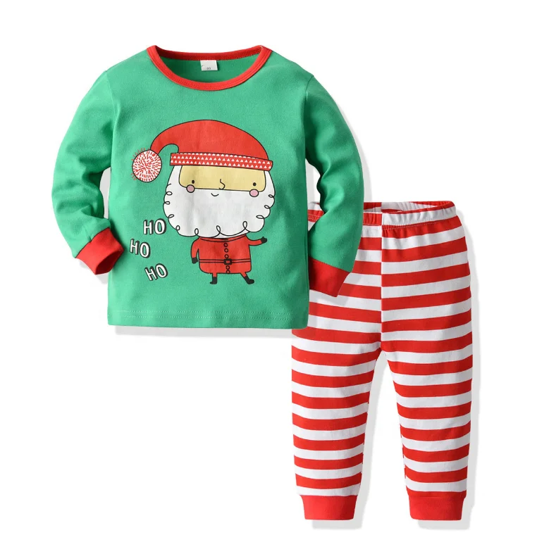 

2021 Winter New Style Cotton Soft Santa Claus Sweatshirt And Stripe Pants Kids Pajamas Suit, Green and stripe,red and stripe