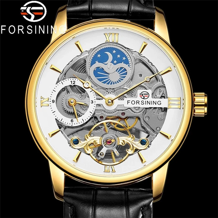 

FORSINING Tourbillon Automatic Mechanical Men Wristwatch Military Sport Clock Luxury Gold Skleton Man Leather Watch Gift 8217