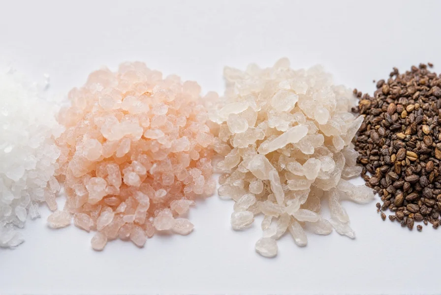 Close-up comparison of different salt crystal structures including Salt & Pepper sea salt