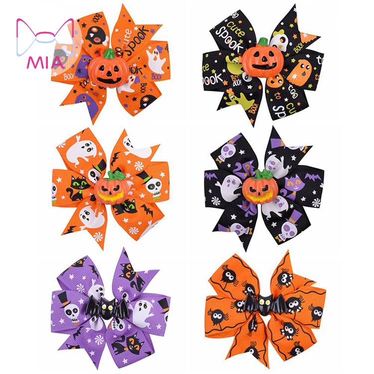 

Mia Free Shipping  cute spook pumpkin spider bat ribbon dovetail Halloween hair bow baby hair accessories for babies, Picture shows