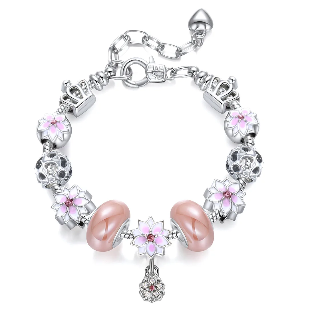 

DIY Adjustable Silver Snake Chain Glass Beads Charm Bracelet Hollow Heart Crown Pink Cherry Flower Pendant Charm Bracelet