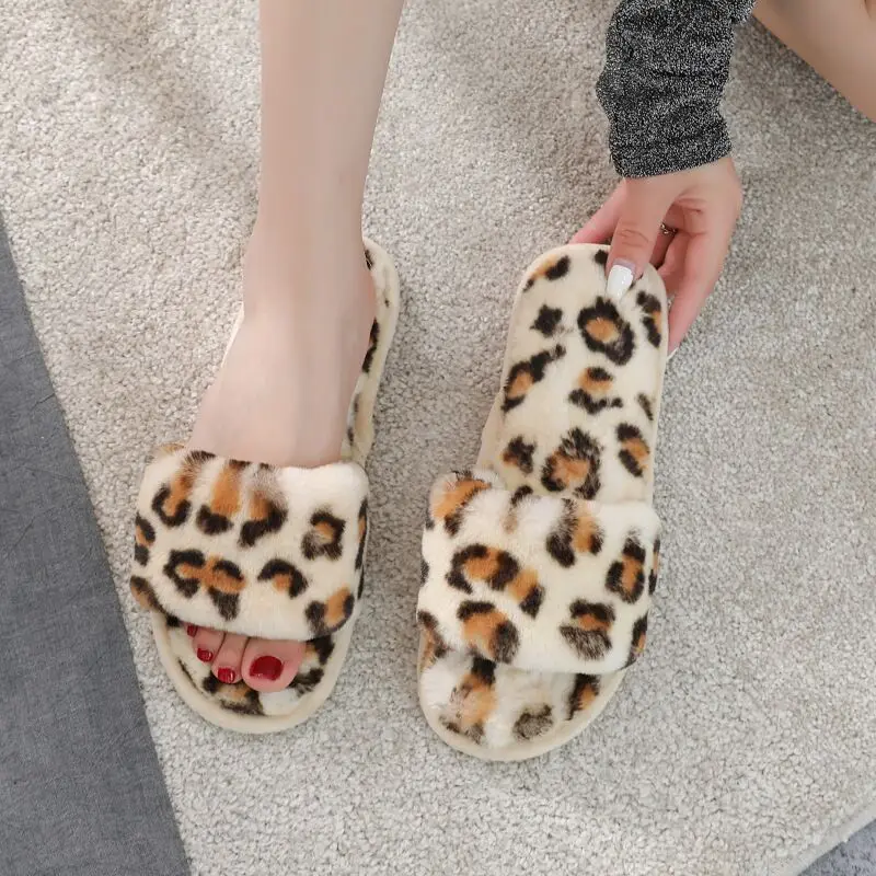 

New Leopard Bunny Plush Slippers Home Slippers Warm Cotton Slippers Women, Beige, coffee, pink, army green