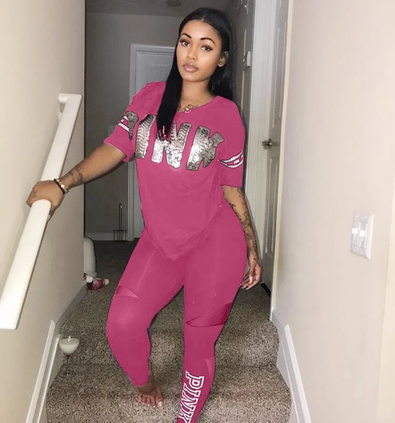 

Plus Size Women Casual Set two piece print letter pink two piece set women clothing