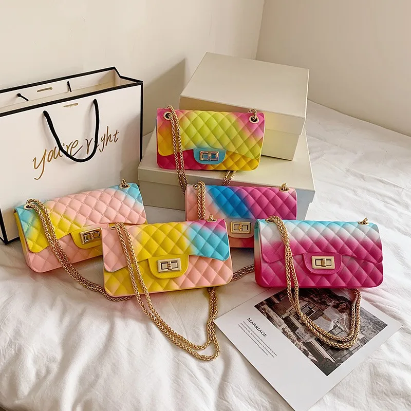 

New fashion handbag design mini cute girl kids purses colorful chain ladies hand bags silica gel jelly bag, 5colors