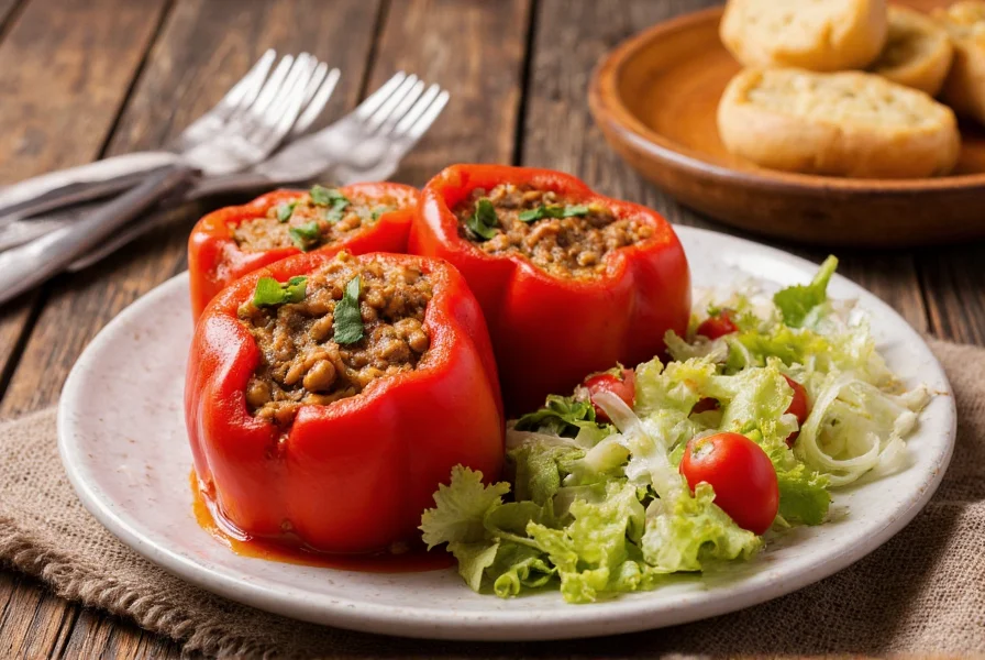 Stuffed peppers served with side salad and garlic bread on rustic wooden table