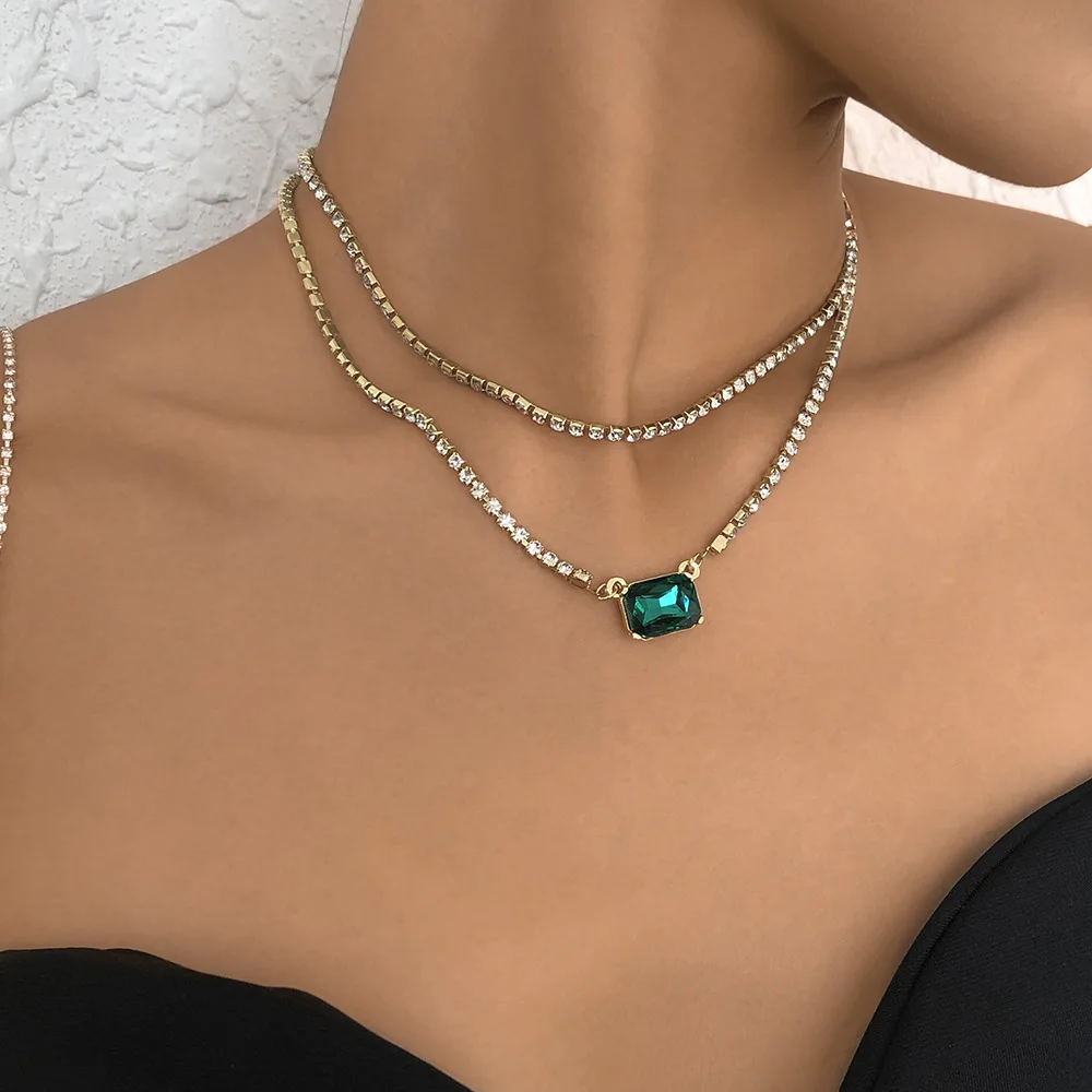 

18k Gold Plated Multi Layered Rhinestone Tennis Necklace Green Square Crystal Choker Necklace for women
