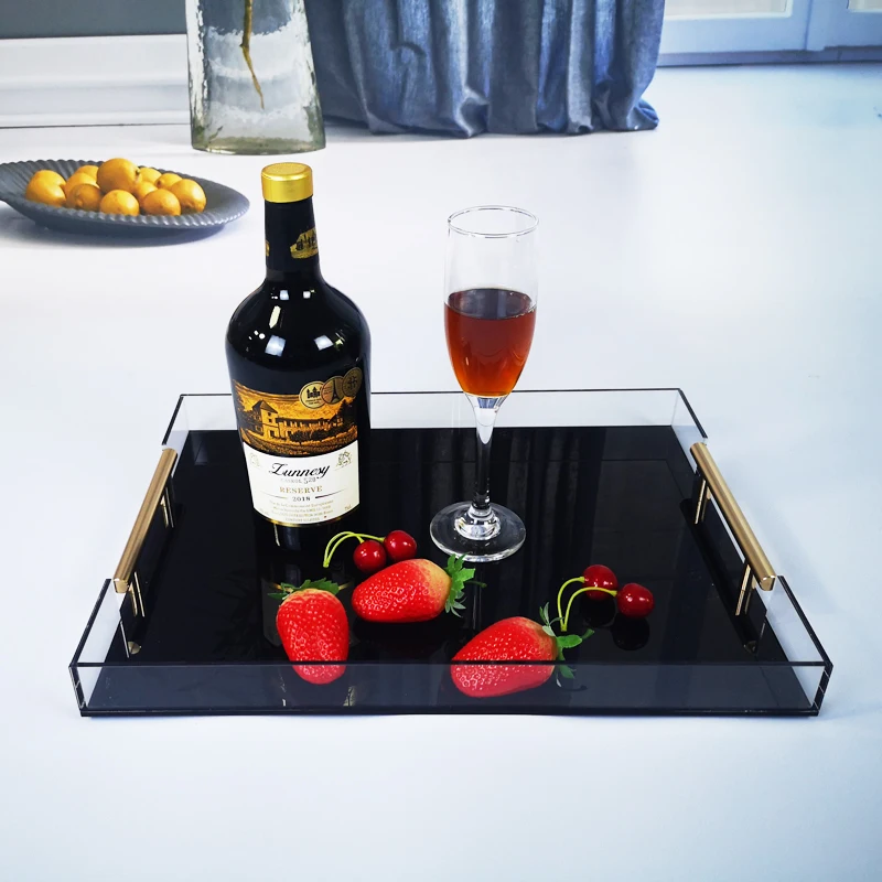 

Modern luxury food service tray top grade PMMA hotel restaurant acrylic rectangle tray with gold handle
