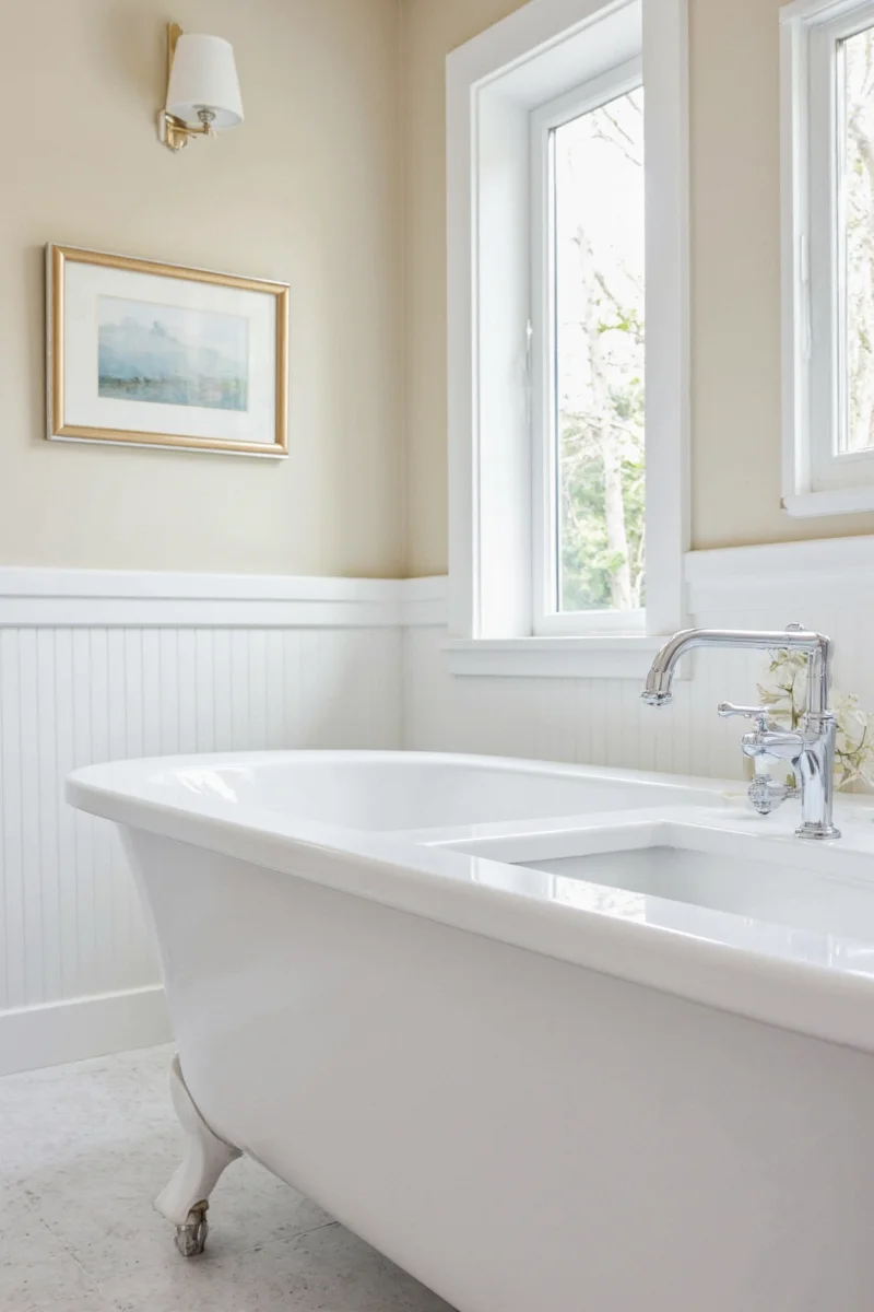 Bathroom with chalkboard paint section above beadboard