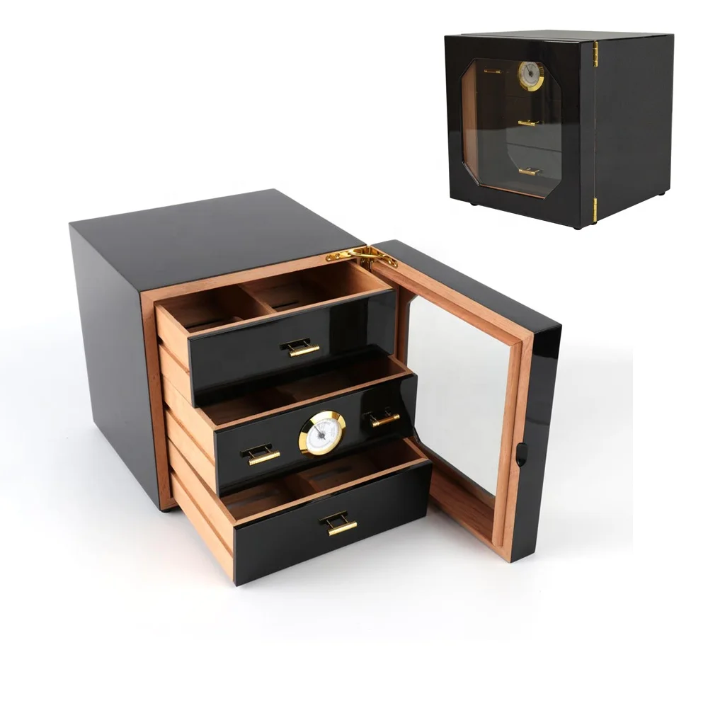 

FUREN Luxury 3 Drawers Piano Lacquer Cedar Wood Box Humidor Cigar Cabinet, Pure black