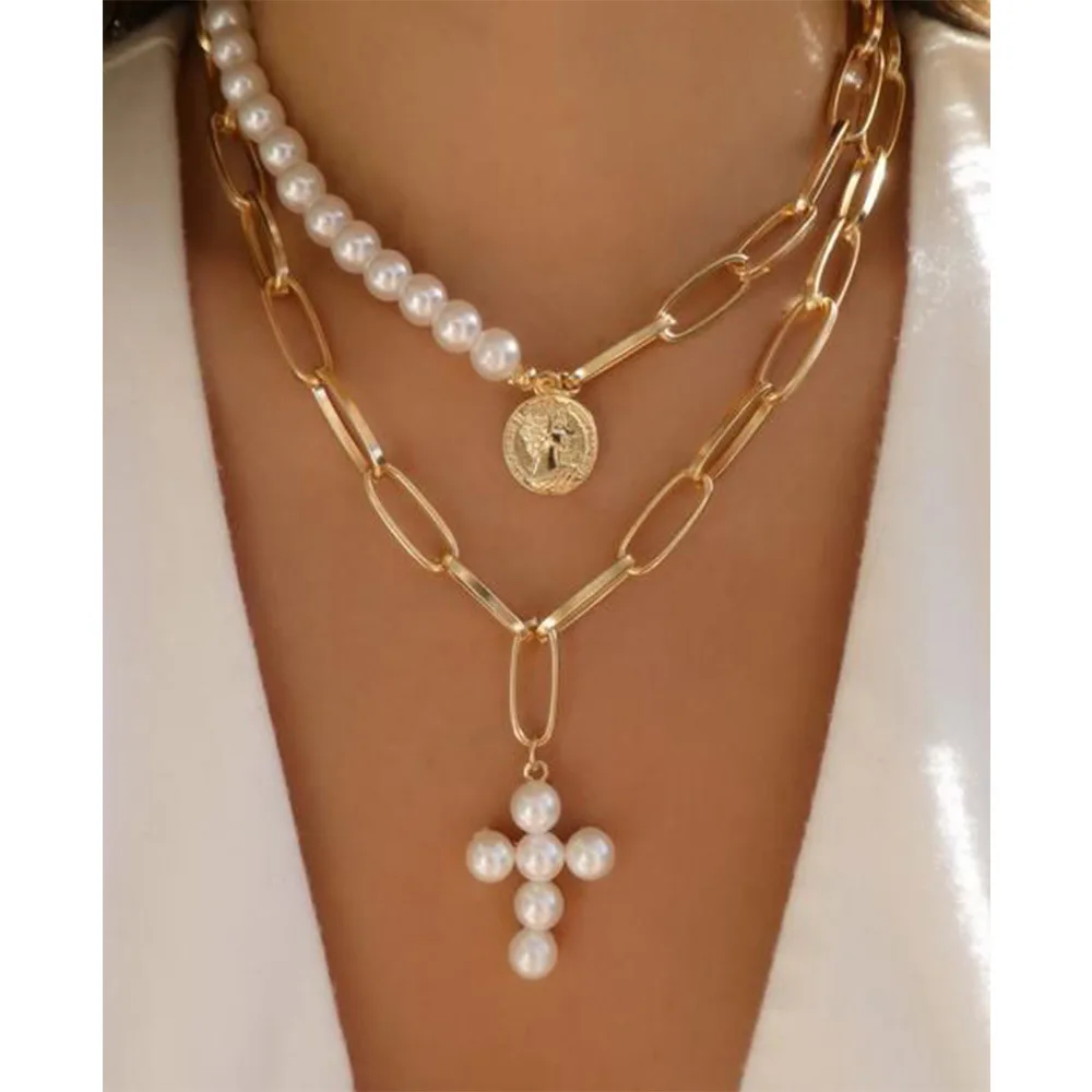 

Women Gold Plated Stainless Steel Paperclip Chain Link Freshwater Pearl Cross Pendant Choker Necklace Chain Jewelry, Gold,silver