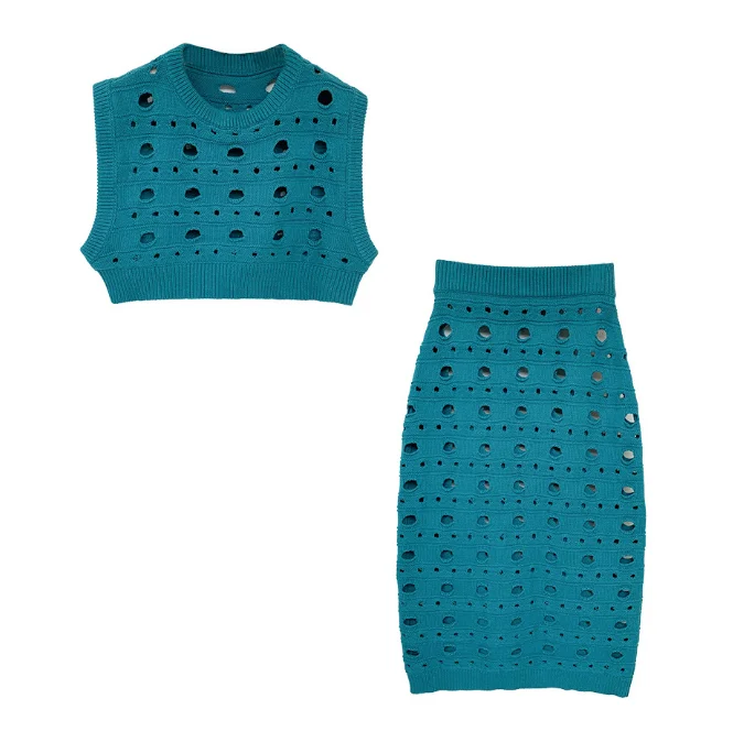 

Summer Girl Knitted Suit Round Neck Sleeveless Vest Solid Color cutout tank top Skirt Hollow womens sweater set, One color