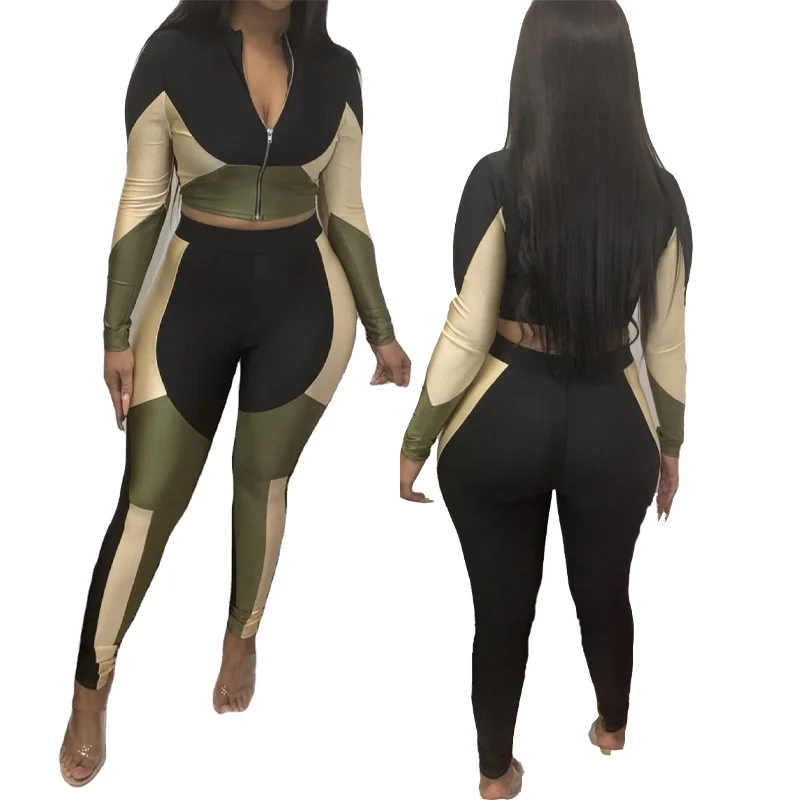 

2021 new arrivals patchwork tracksuits clothing long sleeves crop top jacket two piece pants set joggers set women clothing, As shown