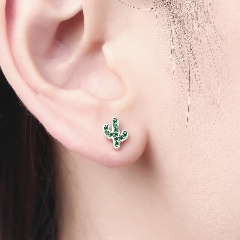 

925 Sterling Silver Green Refreshing Cactus Crystal Trendy Jewelry Earrings