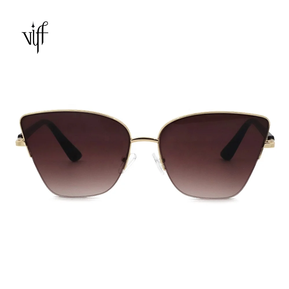 

VIFF Vintage Female Sunglasses HM19662 Semi-Rimless Gold Metal Frame Cat Eye Sun Glasses UV400 Mirror Ladies Cateye Shades