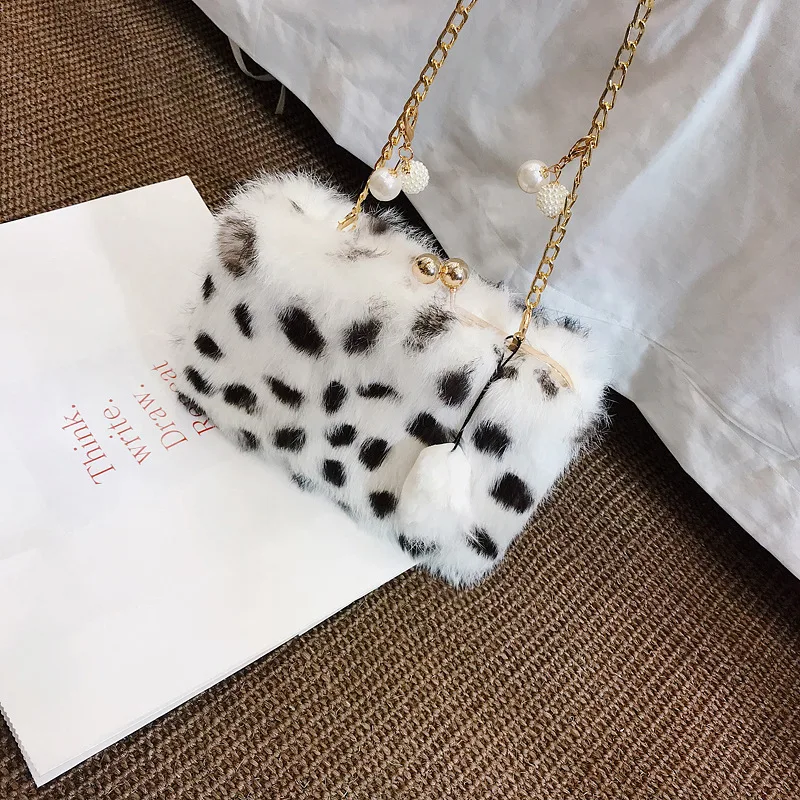 

New fashion fur bag female leopard print real rabbit hair one-shoulder diagonal chain bag