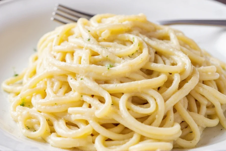 Finished alfredo pasta dish on a rustic table