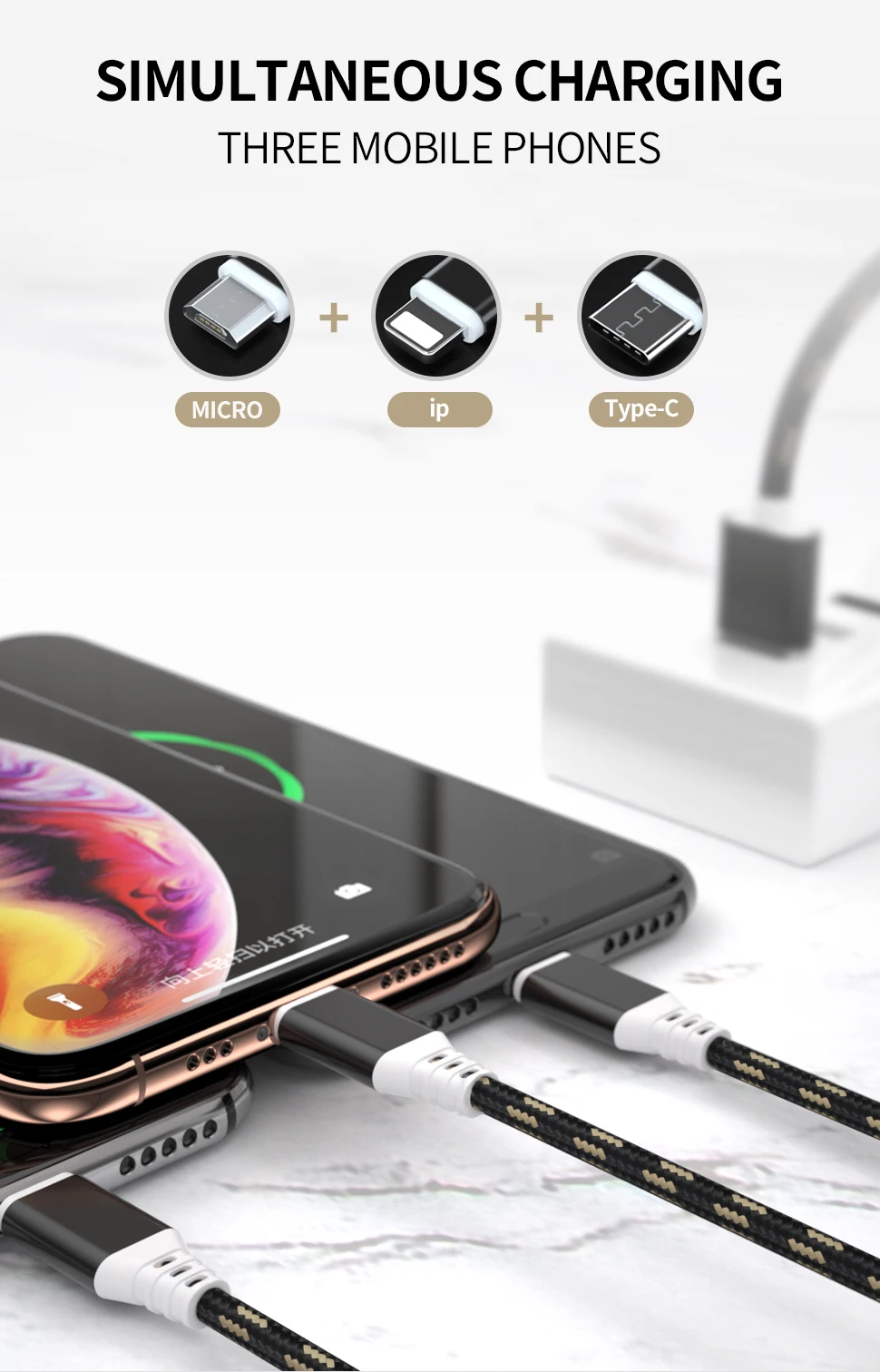 Cables 3 In 1 Android Micro Type C Charger Fast Charging Usb Data Cable Mobile Phone - ANKUX.COM