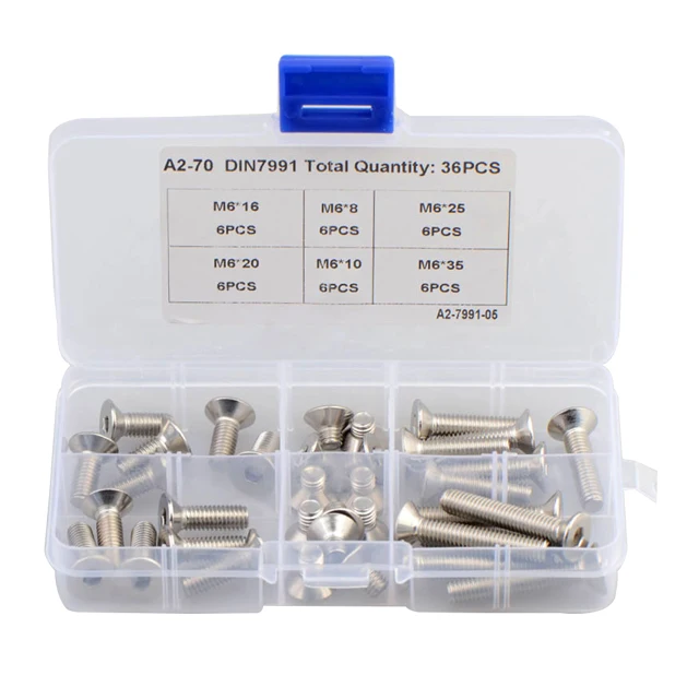 36PCS M6 Stainless Steel 304 DIN7991 Countersunk Head Flat Head Hexagon Combination Screw Set