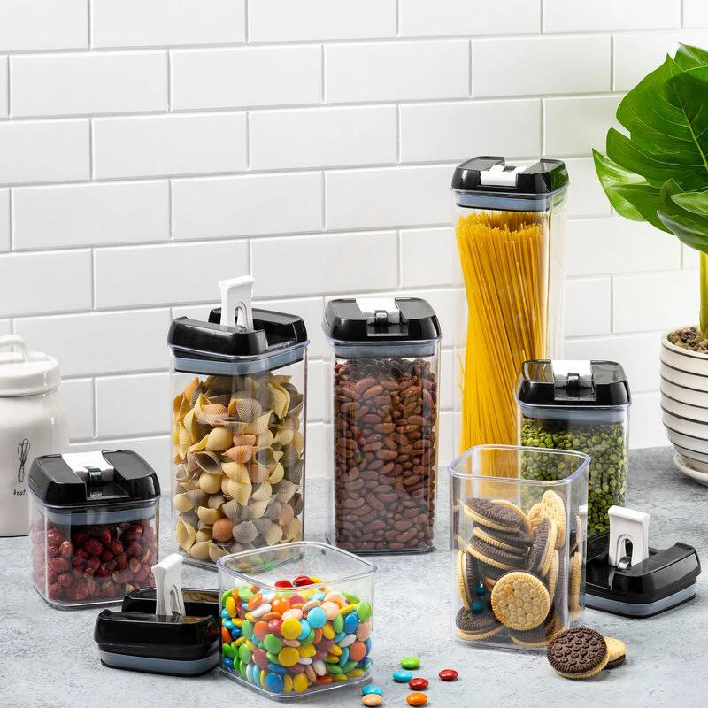 

Produce Clear Kitchen Storage Container Organizer Set Box, Storage Container And Organization Rice Box, Black, grey, white