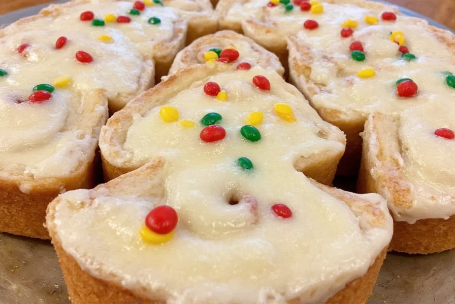 Finished Christmas tree cinnamon rolls decorated with green icing and candy ornaments on festive platter