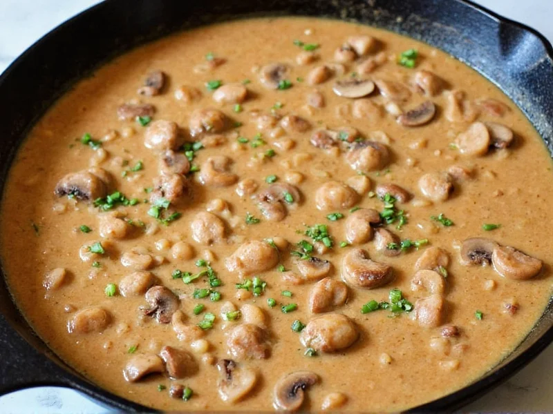 Homemade mushroom sauce in cast iron skillet