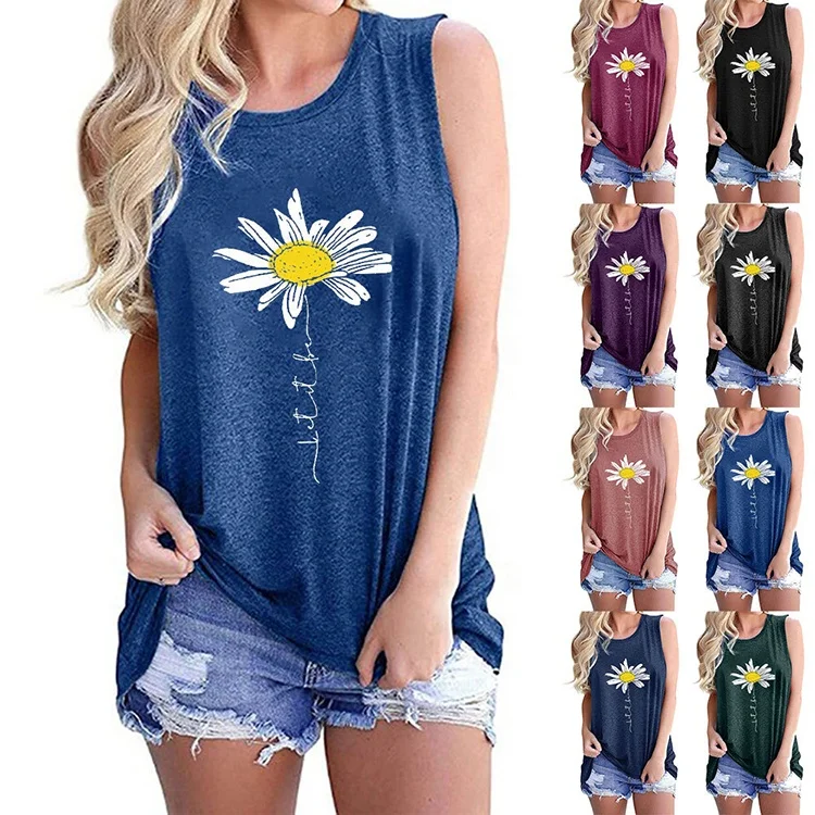 

Daisy printed tops for women fashion cotton sleeveless tshirt casual tank top for sale, Black/purple/dark gray/fuchsia/blue/dark blue/red/dark green