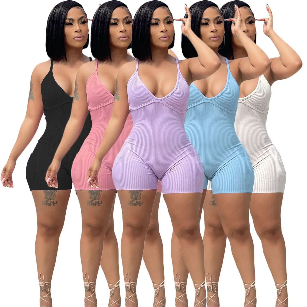 

2021 Latest Design Summer Sexy Solid Color Sling V-Neck Bodycon Women Ribbed Jumpsuit Suspenders One Piece Workout Set, Picture