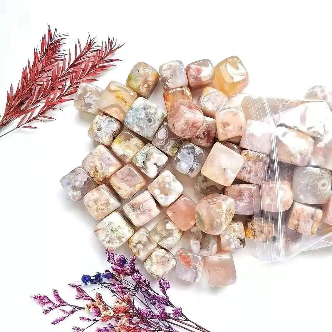

Wholesale Beautiful Polished Flower Agate Cube Healing Crystal Cherry Blossom Agate Tumble Stone For Decoration