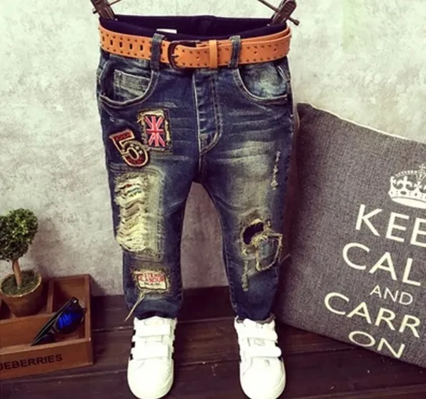 New design kids jeans pant fashion blue boys jeans hole and  patch kids jeans with good quality